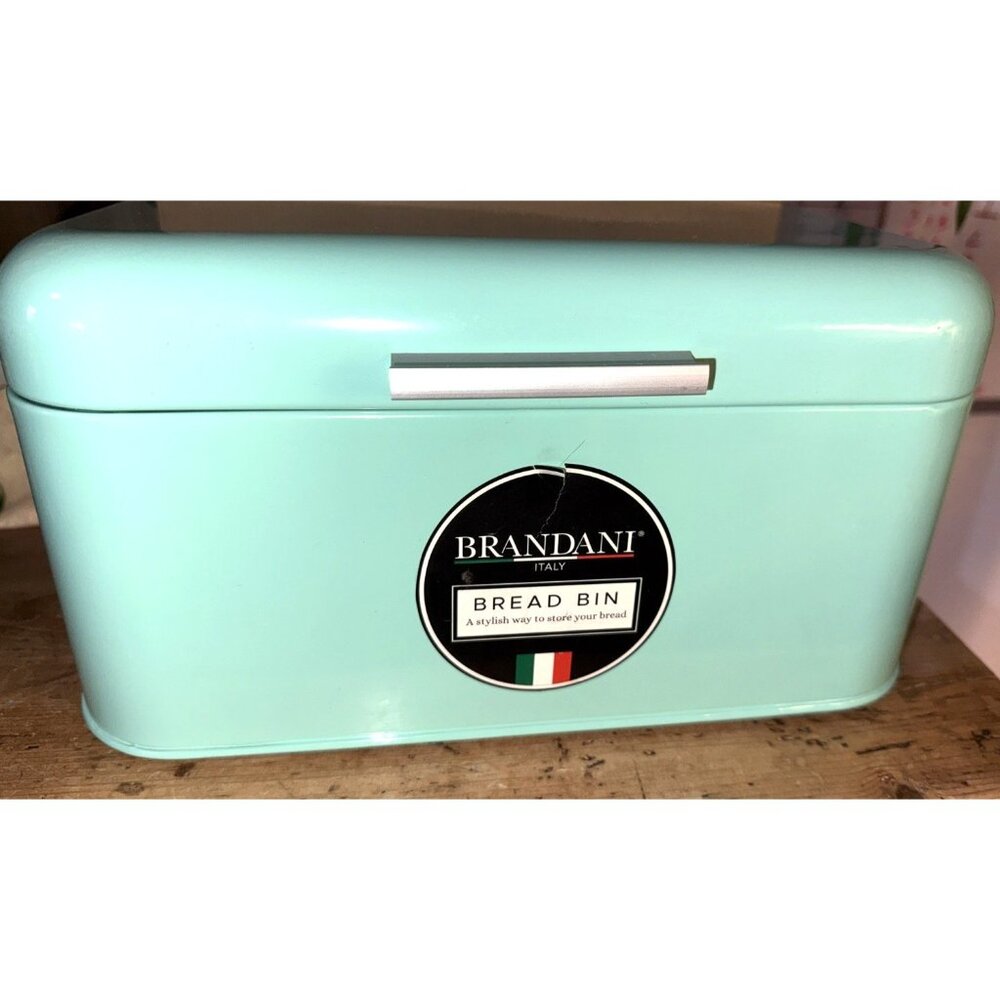 NWT Brandani Italy Bread Box Turquoise Light Green Aqua Retro Chic Metal 17"x8"